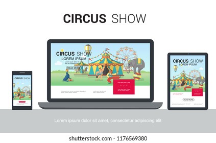 Flat circus adaptive design concept with trained seal elephant juggling clown strongman tent ferris wheel carousel on mobile laptop tablet screens isolated vector illustration 