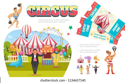 Flat circus elements composition with strongman clown magician tent ferris wheel ticket booth lion seal elephant performing different tricks vector illustration 