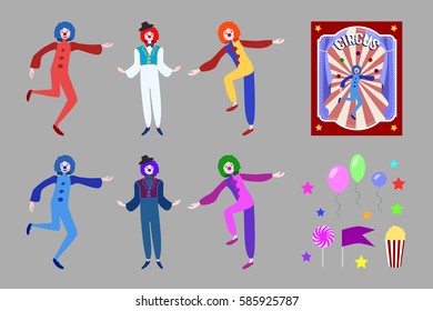 Flat circus elements set with funny clowns festive poster and different symbols of carnival isolated vector illustration