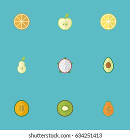 Flat Citrus, Duchess, Alligator Pear And Other Vector Elements. Set Of Fruit Flat Symbols Also Includes Duchess, Muskmelon, Papaya Objects.