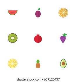 Flat Citrus, Lime, Melon Slice And Other Vector Elements. Set Of Dessert Flat Symbols Also Includes Exotic, Merlot, Melon Objects.