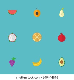 Flat Citrus, Pitaya, Garnet And Other Vector Elements. Set Of Berry Flat Symbols Also Includes Apricot, Dragon, Pear Objects.