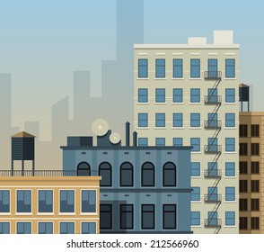 Flat city background. New York style buildings rooftops. EPS10 vector illustration.