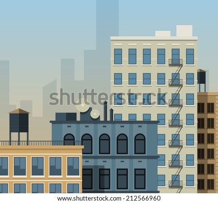 Flat city background. New York style buildings rooftops. EPS10 vector illustration.