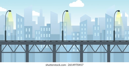 Flat City Background Vector, Cartoon Railroad Bridge Background, Buildings, street lights, sky, clouds, vector Art