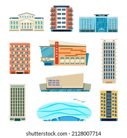 Flat city building, modern apartment buildings, residential houses. Town hall, cinema, police station, urban municipal architecture vector set. Illustration of building apartment city