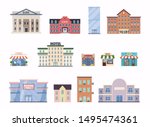 Flat city buildings. School, bank, shop, contemporary office center, hospital facade and city hall building. 