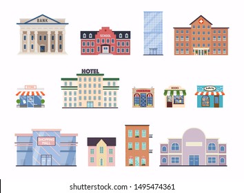 Flat city buildings. School, bank, shop, contemporary office center, hospital facade and city hall building. 