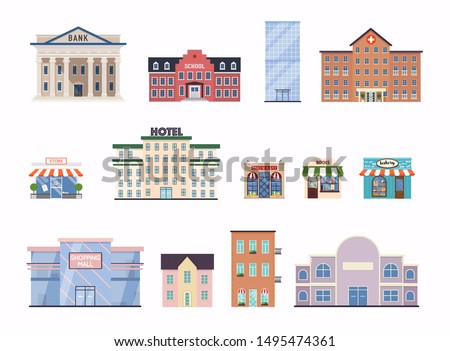 Flat city buildings. School, bank, shop, contemporary office center, hospital facade and city hall building. 