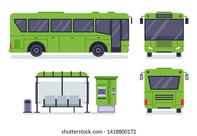 Flat city bus. Public transport stop, autobus ticket office and buses vector illustration set