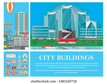 Flat city colorful concept with modern hotel hot air balloon and different municipal buildings vector illustration