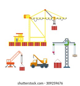 Flat city crane construction sea port container box logistics transport icon set. Build your own world web infographic collection.