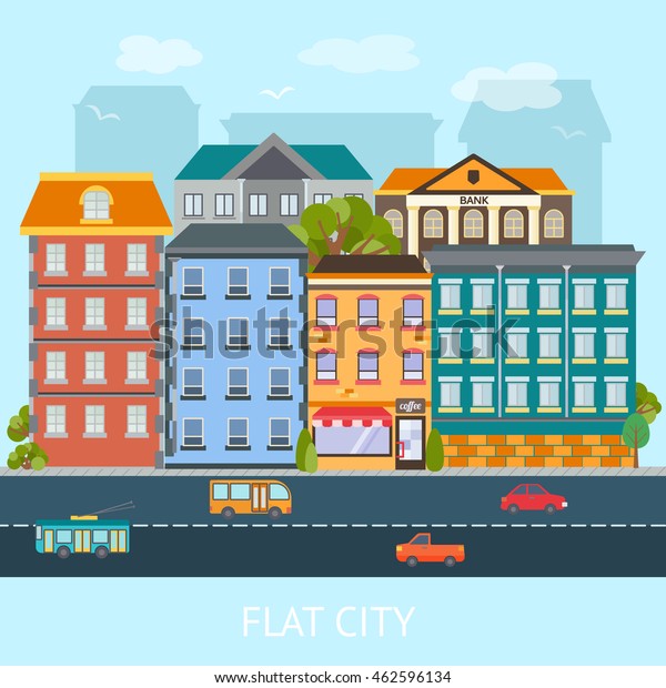 Flat city design with\
colored buildings and road with transportation on blue background\
vector illustration