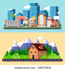 Flat city and forest landscapes banners vector design template. Different buildings University, school, library, plant, restaurant, skyscrapers, coniferous forest, mountains, country hotel.