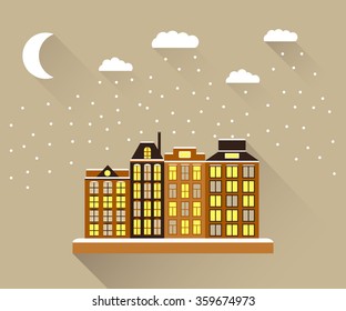 the flat city with the going snow and a half moon