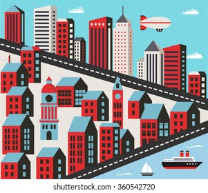 Flat city with houses, streets and roads to the sea and the ship
