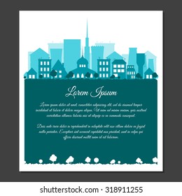 Flat city landscape in blue colors. Greeting card or invitation with place for text. Urban background for card, horizontal banner, presentation template, bag, real estate. Town vector illustration.