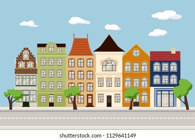 Flat city landscape with European building facades. Cute retro houses exterior. Traditional architecture of Belgium and Netherlands.