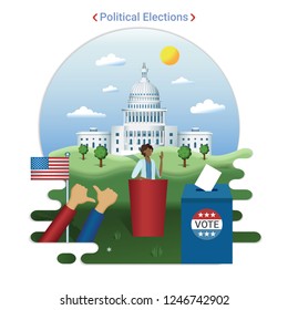 Flache Stadtlandschaft, Illustration von US-Wahlen. Die Präsidentschaftskandidatin hält eine Rede in der Nähe des Kapitols in Washington DC.