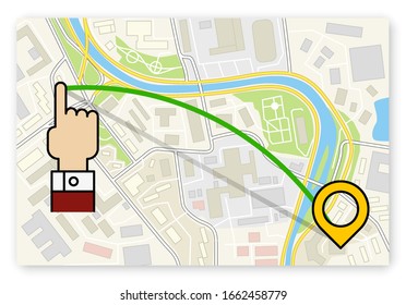 Flat City map navigation itinerary destination with finger check point banner, arrow pin marker simple application drawing city plan