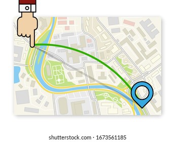 Flat City map navigation itinerary destination with finger check point banner, arrow pin marker simple application drawing city plan