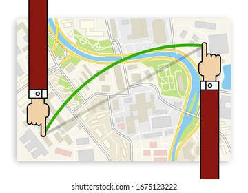 Flat City map navigation itinerary destination with finger check point banner, arrow pin marker simple application drawing city plan