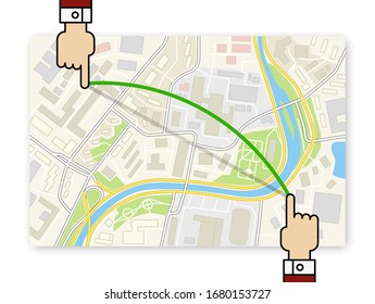 Flat City map navigation itinerary destination with finger check point banner, arrow pin marker simple application drawing city plan