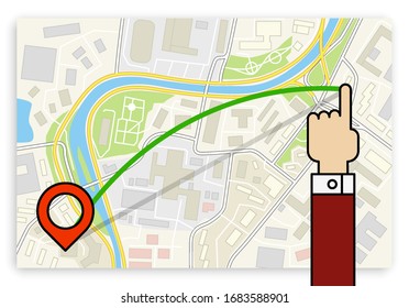 Destino de itinerario de navegación de mapa plano con un banner de punto de control de dedos, marcador de flecha aplicación simple dibujo de ciudad plan