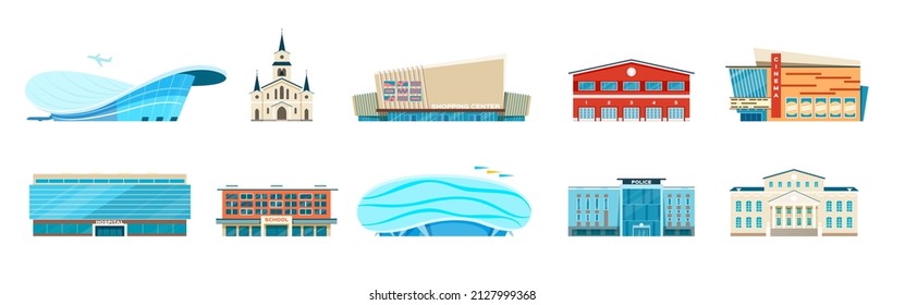 Flat city municipal building, police station, bank, hospital. Modern urban architecture, town hall, school, airport, stadium vector set. Bank and hospital, municipal government illustration