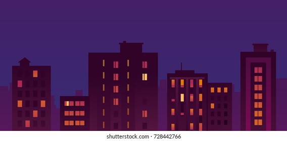 Flat City Night Buildings