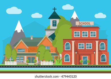 Flat city poster with landscape School and city buildings on a mountains background vector illustration