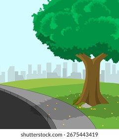 Flat City Road Side Tree Background Vector, Cartoon City Road, Background Illustration, Vector Art