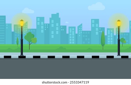 Flat City Road Side Vector Background, flat road, city buildings, street lights, sky, clouds, flat background vector