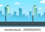 Flat City Road Vector Background, flat road, city buildings, street lights, sky, clouds, flat background vector