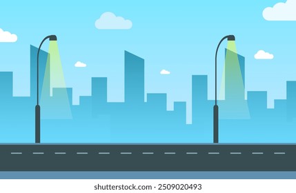 Fondo plano del Vector de la carretera de la ciudad, camino plano, edificios de la ciudad, luces de calle, cielo, nubes, Vector plano del fondo