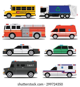 Flat city service cars, policem ambulance, fire engine, school bus, garbage truck