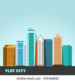 Flat city, set of buildings on blue background