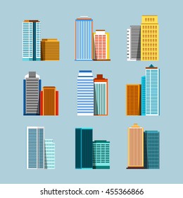 Flat city, set of buildings on blue background