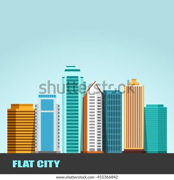 Flat city, set\
of buildings on blue\
background