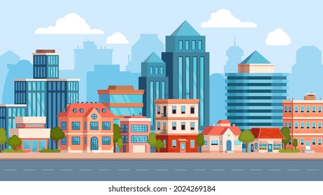 Flat city street landscape with skyscraper and apartment building. Town real estate, houses and road. Cityscape scene. Urban vector panorama. Illustration of view cityscape, town panorama