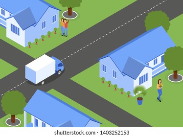 Flat City Streets with New Houses, Isometric. Crossroads in City. Van Service at Intersection Passes by Houses. Settlement New Residential Complex. People Near their Homes Enjoy Life.