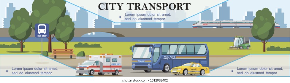 Flat city transport background with ambulance taxi cars bus sweeper and train moving on bridge vector illustration