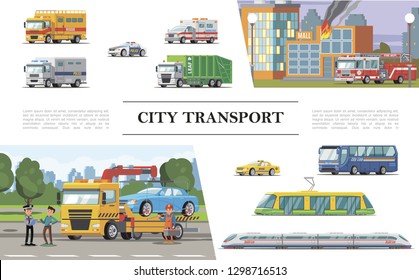 Flat city transport concept with fire truck near burning buildings ambulance police taxi automobiles tram bus passenger train road assistance service vector illustration