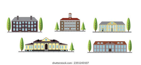 Flat City Vintage Houses with Trees Isolated. Town infrastructure concept vector art