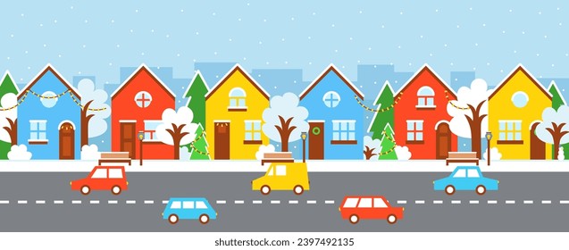 Flat city winter street. Cold cityscape with colorful cartoon houses and cars.