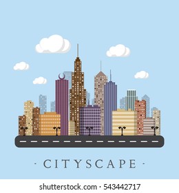 Flat cityscape background. Town architecture. Urban landscape illustration. Modern metropolis skyscraper silhouette.