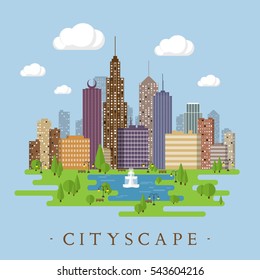 Flat cityscape background. Town architecture. Urban landscape illustration. Modern metropolis skyscraper silhouette. Park place relaxation.