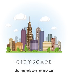 Flat cityscape background. Town architecture. Urban landscape illustration. Modern metropolis skyscraper silhouette.