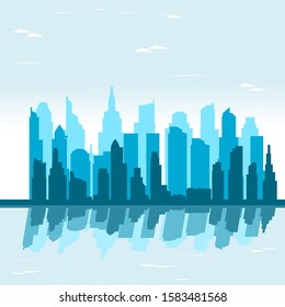 Flat cityscape with blue sky. Urban city illustration. City skyline flat panoramic vector background. 