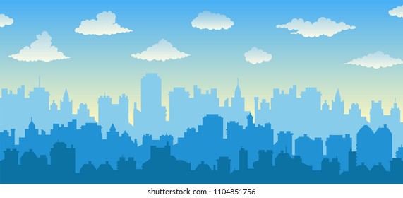 Flat cityscape with blue sky, white clouds over city and sunset/sunrise. Modern morning city skyline panoramic vector background. Urban city tower illustration, wallpaper. Silhouette of skyscrapers.  